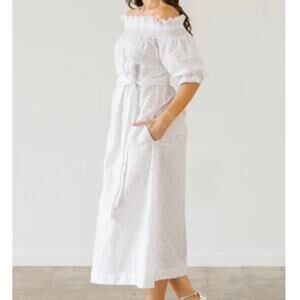 Dondolo x Pencil + Paper Co Midi Dress XS White Gold Embroidered Hearts Linen